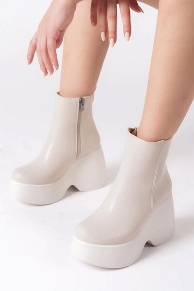 asmi shoes Women's Celsi Cream Skin Side Zipper 9 cm High Wedge Heeled Seasonal Women's Short Boots Bootie