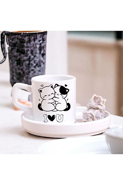 Çılgıntrend Cute Couple Cat I Love U Designed Turkish Coffee Cup – Single Cup...