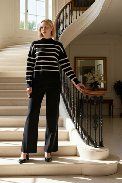 BENERLY Pulover de damă cu dungi, supradimensionat, cu guler înalt, tricotaje...