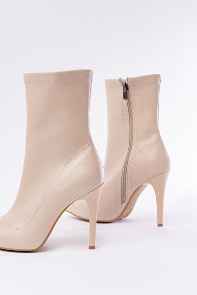 Zerenyus Zri̇n-4811 Premium Beige Thin Heeled Zippered Women's Boots