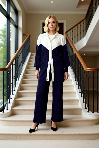 BENERLY طقم كارديجان نسائي ذو ياقة بولو وبنطلون واسع الساقين من نسيج ريبانا أ...