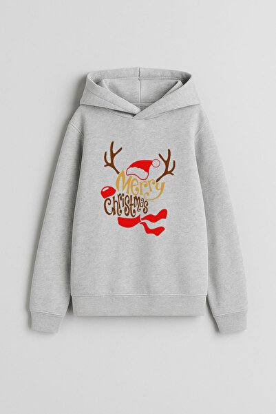 MODA 2026 New Year Santa Claus Christmas Printed Gray Hooded Sweatshirt