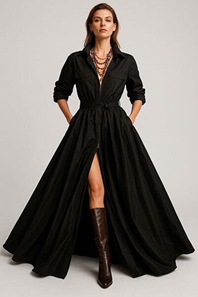 ALYEL NAKER Utility Stili Özel Tasarım Tafta Maxi Gömlek Elbise