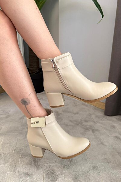 asmi shoes Γυναικείες μπότες με τακούνι (6 εκ.) με οβάλ μύτη, δερμάτινες με κρεμ αγκράφα Mabel