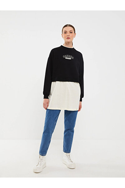 LC Waikiki Lcw Modest Black Crew Neck Printed Long Sleeve Oversized Women's Sweatshirt Tunik