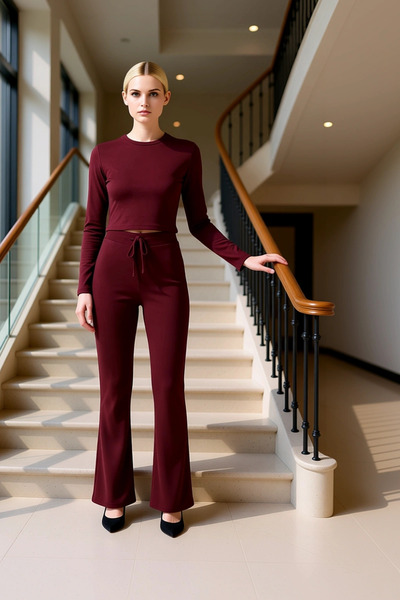 BENERLY Set de pantaloni tricotați cu picior larg, cu mâneci lungi, crop top,...