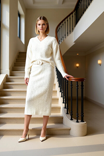 BENERLY Women's Top and Bottom Oversized Hair Braid Patterned Knitwear Sweate...