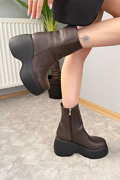 asmi shoes Γυναικείες μπότες Celsi καφέ δερμάτινες με φερμουάρ στο πλάι 9 εκ. Ψηλό τακούνι ελαφρύ Γυναικείες κοντές μπότες