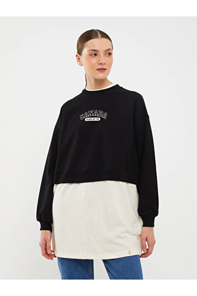 LC Waikiki Lcw Modest Black Crew Neck Printed Long Sleeve Oversized Women's Sweatshirt Tunik