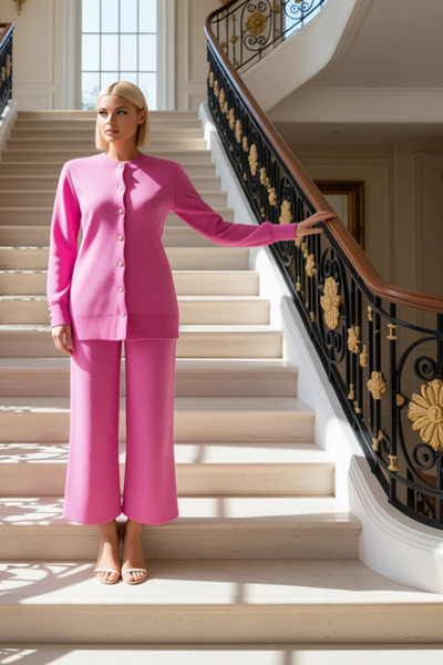 BENERLY طقم كارديجان وبنطلون نسائي بأكمام طويلة وياقة دائرية مع تفاصيل أزرار ...