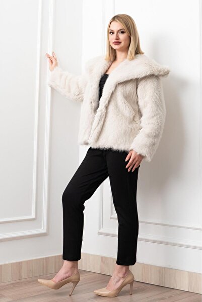 Elaxi Women's Pocketed Snap Closure Faux Leather : Faux Fur Coat