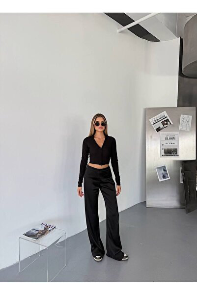 KECHİ WOMAN Ottoman Fabric Polo Neck Zippered Crop