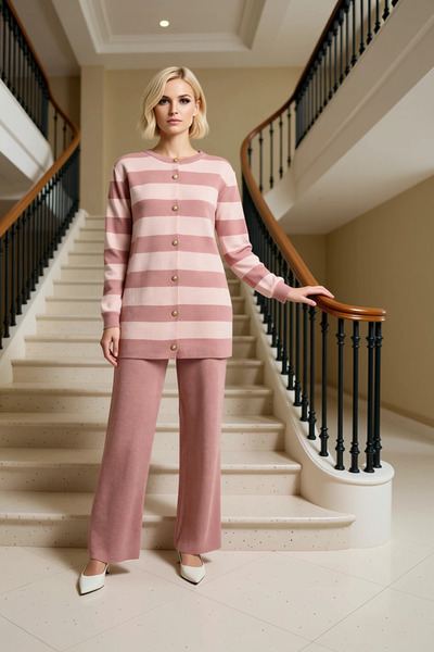 BENERLY Set de tricotaje cu dungi pentru femei, cardigan și pantaloni cu pici...