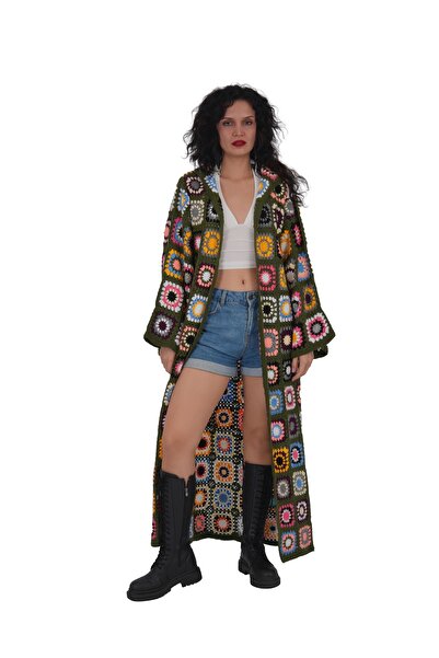 Craft By Mine El Yapımı Haki Granny Motifli Uzun Örgü Hırka – Boho Renkli El Örgüsü Kadın Hırka – 36/38