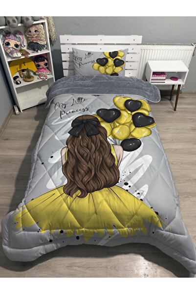 yok yok evim eve dair her şey Welsoft Fluffy Double-Sided Gray Balloon Girl Patterned Single Quilt Sleeping Set