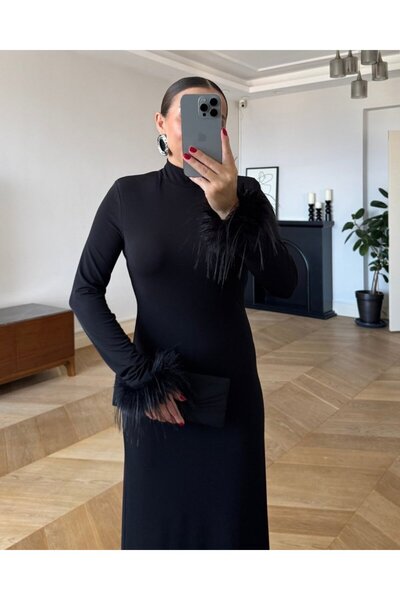 Kokosh moda Γυναικείο μακρυμάνικο φόρεμα με λεπτομέρεια από φτερά με μακρύ μανίκι και λαιμόκοψη