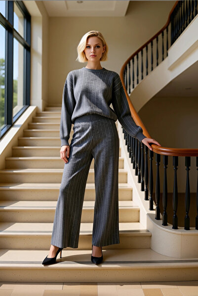 BENERLY طقم سترة وبنطلون نسائي مخطط قصة فضفاضة من التريكو، يجمع بين الأناقة ا...