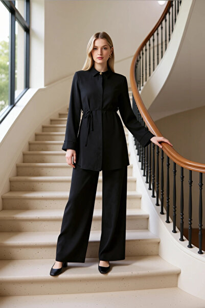 BENERLY طقم نسائي من قماش الأيروبين المنسدل، قميص وبنطلون برباط، قصة مريحة، أ...