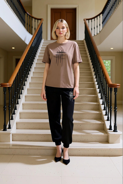 BENERLY Women's Bottom Top Knitted Fabric Slogan Printed T-Shirt Elastic Leg ...