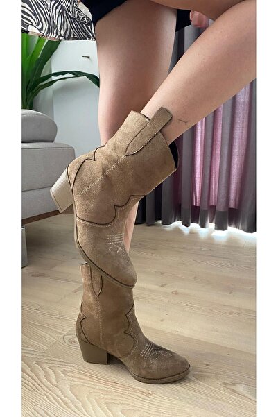 asmi shoes Women's Vendy Mink Suede Short Heeled Cowboy Boots