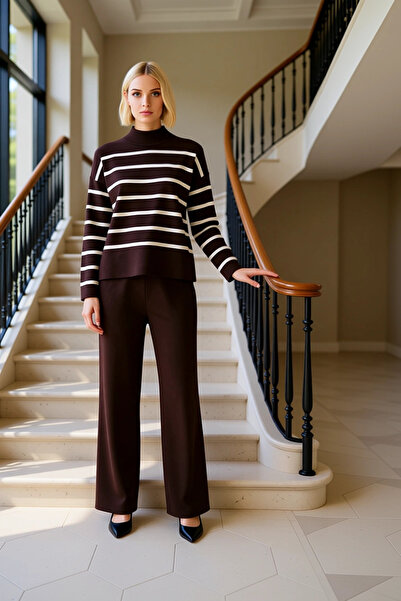 BENERLY طقم نسائي مكون من قطعتين، سترة وبنطلون مخطط قصة فضفاضة ياقة مرتفعة مت...