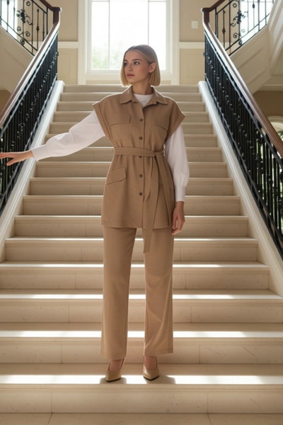 BENERLY Set vestă lungă cu detalii tip eșarfă cu aspect de in și pantaloni la...