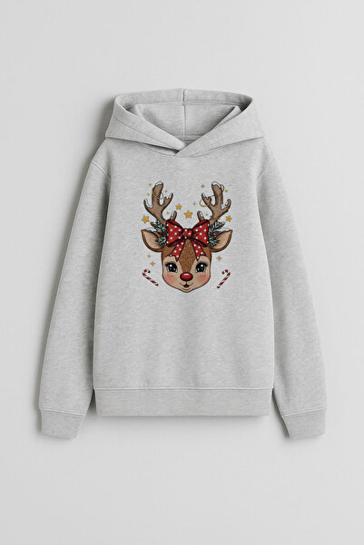 MODA Deer New Year Santa Claus Christmas Printed Gray Hooded Sweatshirt