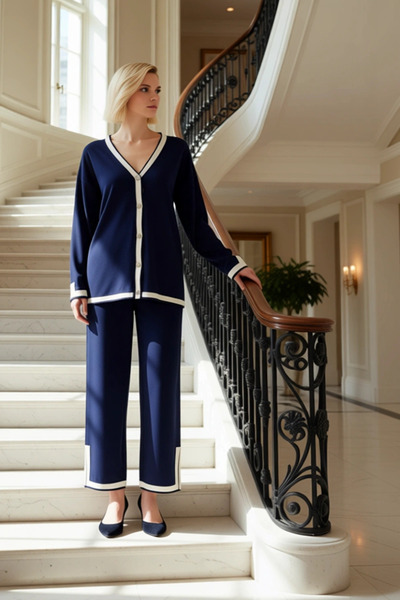 BENERLY Women's Bottom Top Knitwear Cardigan Wide Leg Pants Set Contrast Pipe...