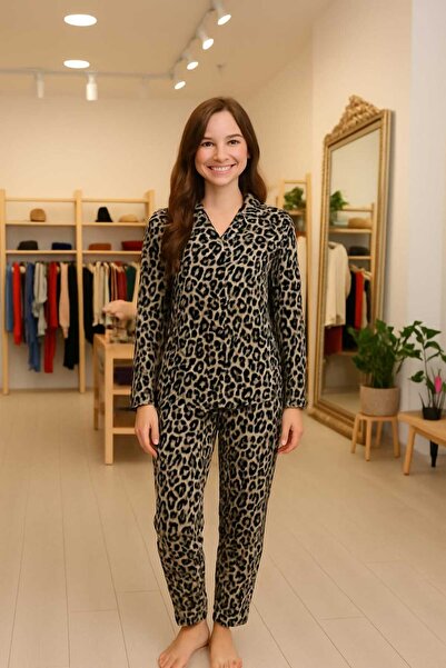 LiyAdaCo Комплект пижама с дълги ръкави от велур с черно леопардово принт