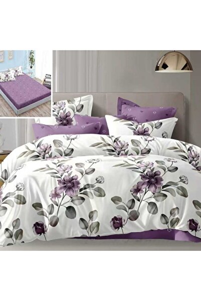 NufJoy Policoton 6-piece Double Bed Linen Set, 180x200 Fitted Sheet, 200x230 Duvet Cover, Purple Flo
