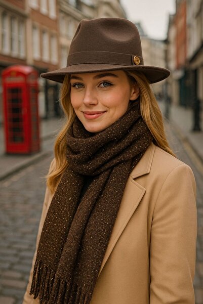 MARBERRY Σετ 2 κασκόλ με φούντες και καπέλο Fedora από τσόχα καφέ Buklet