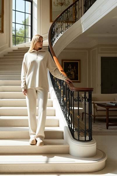 BENERLY طقم نسائي مكون من قطعة علوية وسروال بقصة فضفاضة وسحاب سفلي ياقة مرتفع...