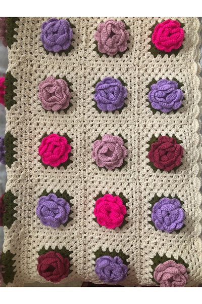 Limerna Gül motifli örgü koltuk şalı, tv battaniyesi