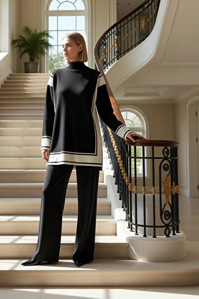 BENERLY Set de tricotaje pentru femei, cu dungi și model, cu guler înalt, tun...