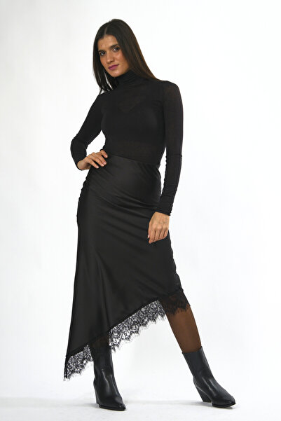 ABBRA Fusta de damă cu aspect satinat cu dantelă și talie elastică