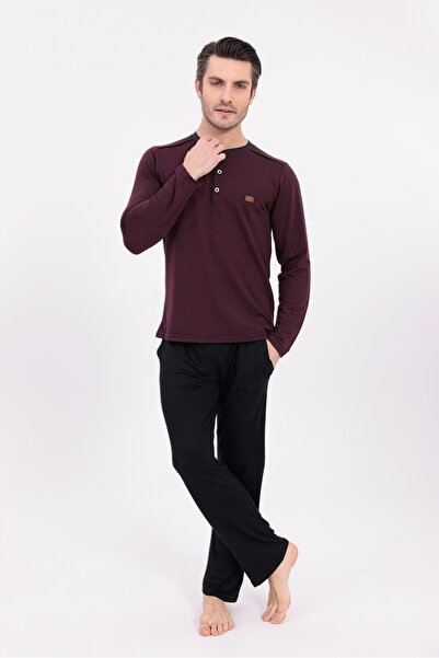 BLACKMORE Men's Burgundy Jacquard Winter Cotton Long Sleeve Pajama Set