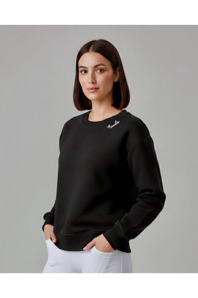 AMİDA Swea guler rotund cu broderie minimă neagră pentru femei tricou - 2532