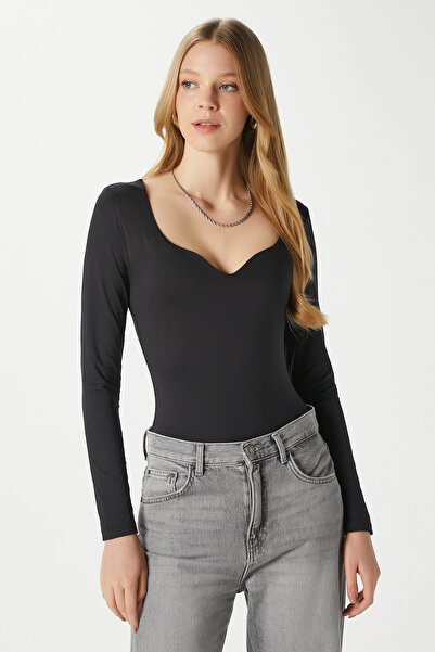 Ritnice Women's Rich Heart Collar Polyamide Black Snap Body / Blouse