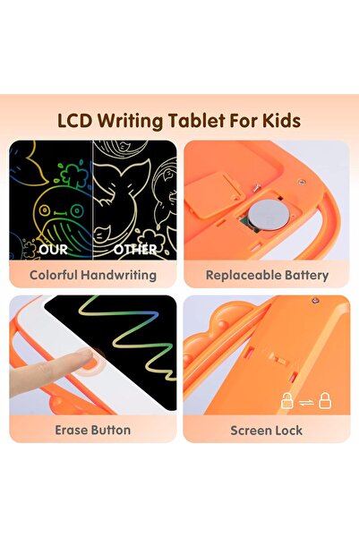 Baytion 10-inch LCD Writing Tablet for Kids, Colorful Reusable Doodle Board with Erase Button (Orang