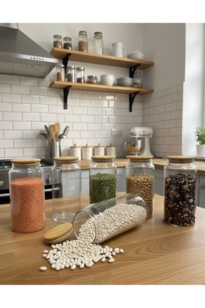 Buğra Home 6-Piece Bamboo Lid Vacuum Glass Jar - 1.3 Liter - with Sticker -