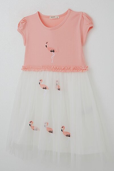 Breeze Girl's Dress Cute Flamingo Embroidered Tulle 4-8 Years Old, Salmon