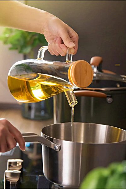 Flash Bazaar Glass Oil Pot with Bamboo Lid Vacuum Borosilicate Glass Vinegar Bottle Olive Oil Bottle Oil Dispenser 900ml