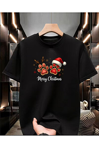 BG BASKI ATÖLYESİ Yeni Yıl Temalı Merry Christmas Pati Baskılı Unisex Basic Bisiklet Yaka Tişört