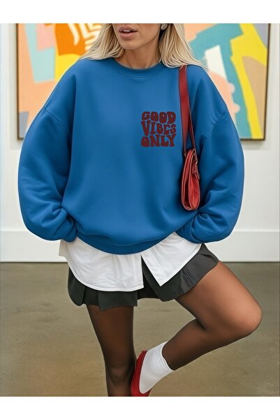 ArtYus Unisex Long Sleeve Good Vibes Only Transfer Printed Plus Size Crew Neck Sweatshirt