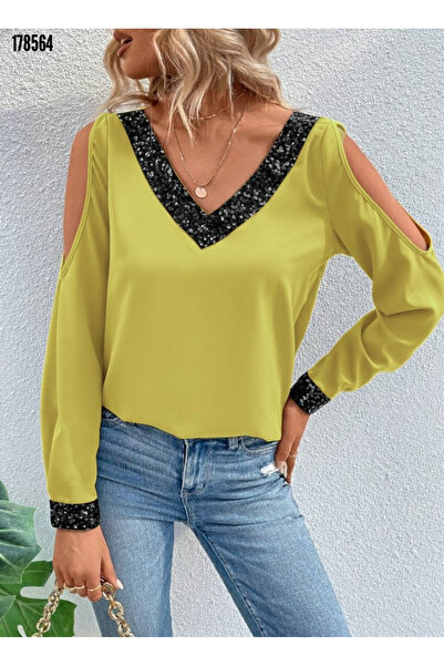 Viyamo Yeni Sezon Kadın V Yaka Payet İşlemeli Omuzları Açık Sandy Bluz