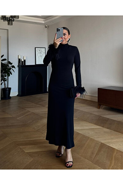 Viyamo Kadın Abiye Elbise Zarif Görünüm Balıkçı Yaka Tüy Detaylı Uzun Kollu Krep