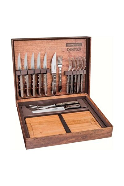 TRAMONTINA Brazil Churrasco 15 Parça Barbekü Seti, Paslanmaz Çelik Bıçaklar ve Polywood Saplar