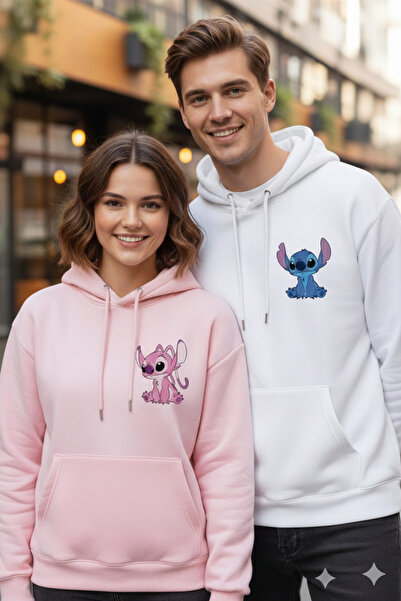 LiyAdaCo Combinație unisex pentru cuplu iubit Stitch și Angel cu imprimeu Friends cu imprimeu Pink Swea tricou