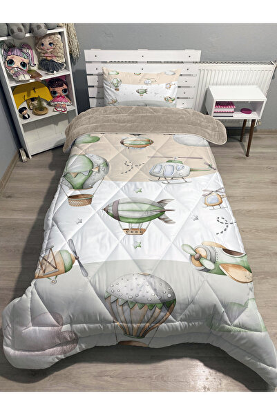 yok yok evim eve dair her şey Welsoft Fluffy Double-Sided Bedding with Borders with Airplanes and Balloons Patterned Single Quilt Sleeping Set