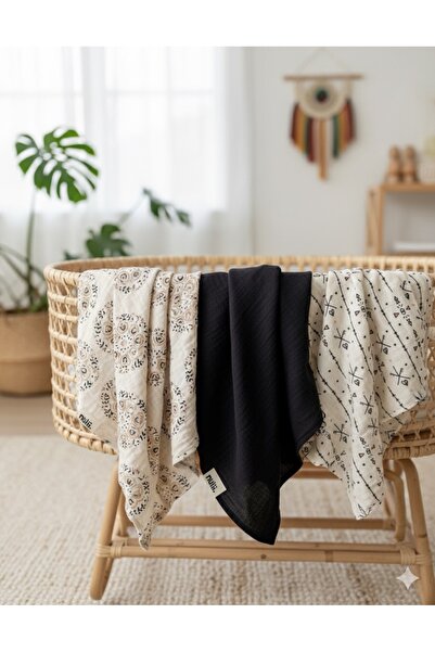 Bohem vitrin 3lü baskı desenli müslin örtü seti,çift katlı 90x90 ölçü